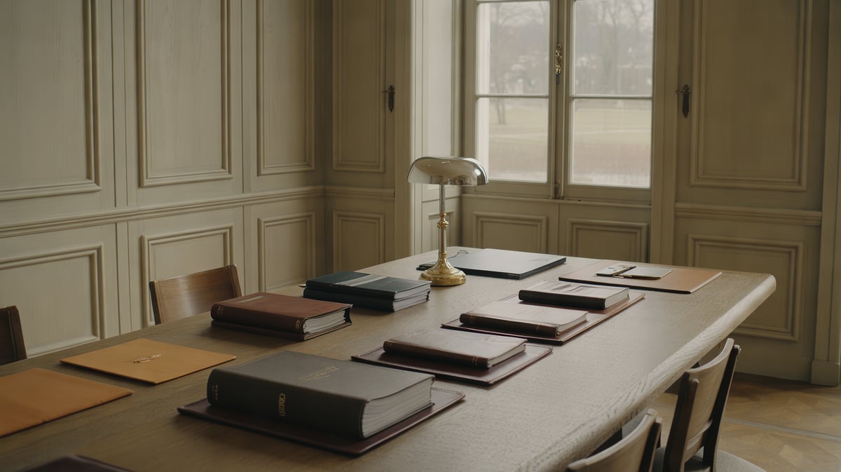 Bureau calme avec table en chêne, classeurs en cuir et lampe en laiton