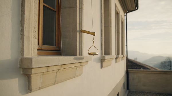 Steinfassade mit Fenster und Massstab auf dem Sims